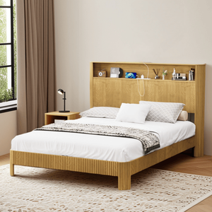 Letto Matrimoniale Extra Lungo (Full XL) con Design Rustico, Testiera con Contenitore, Stazione di Ricarica Integrata, Linee Ondulate e Apertura Silenziosa - Product Image 1