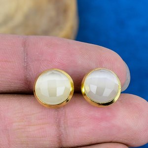 Natural White Monalisa Quartz Round Shape Gemstone <b>Stud</b> Earring 18k Gold Micron Over 925 Sterling <b>Silver</b> - Product Image 2
