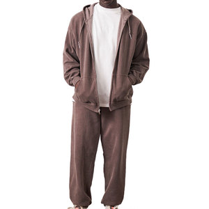 ODM Wholesale Custom Streetwear Full <b>Zip</b>-Up Hoodie & Pants Set Solid Color Vintage Acid Wash Tracksuits Made By Ascent Sports - Product Image 1