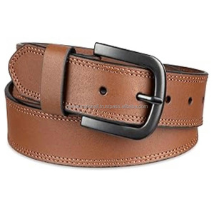 Ceinture décontractée en cuir marron clair sur mesure, double couture, pour homme, avec boucle en laiton nickelé noir. - Product Image 2