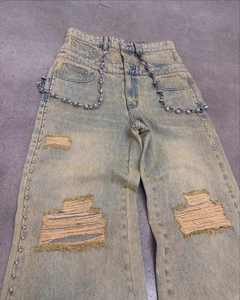 Jeans Rectos Vintage de Algodón para Hombre, de Alta Calidad, Estilo Diseñador, Color Sólido, Desgastados, Rotos, de Pierna Recta, Dobles - Product Image 5
