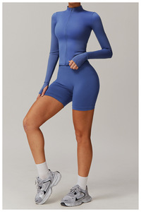 Ensemble de yoga 3 pièces bleu : haut court à col roulé, leggings taille haute, longueur intégrale, sans couture, avec fermeture éclair, respirant, en Spandex et Polyester - Product Image 2