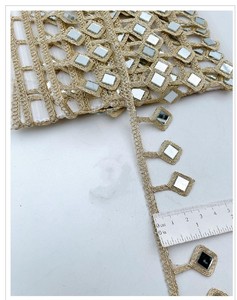 Eco-Friendly Vintage Designer <b>Mirror</b> Work Embroidery Lace Trim with Geometric Pattern for Ethnic Wear Bags Shoes Craft Projects - Product Image 4