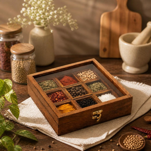 Wooden Spice <b>Box</b> With Glass Lid Divided Compartments For Kitchen Storage Traditional Design by blossom craft india - Product Image 1