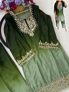 Ensemble Kurta Palazzo brodé vert en soie mélangée, tenue ethnique avec dupatta pour mariage et fête, pour femmes - Product Image 4