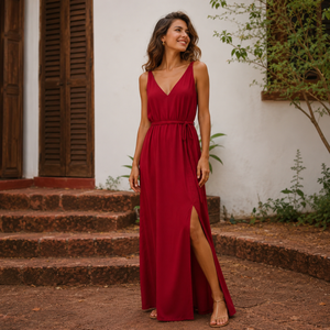 Women's Burgundy Sleeveless Maxi Dress Deep V Neck Side Slit Natural Waist Breathable Elegant Evening Party Cocktail Summer - Product Image 4