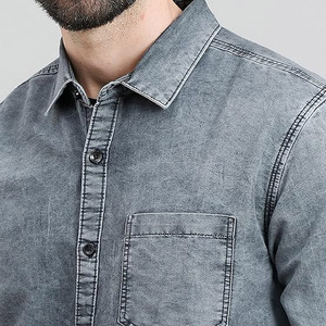 Chemise en jean pour homme, coupe ajustée, manches trois quarts, couleur unie, col rabattu, décontractée, respirante, coton délavé - Product Image 6