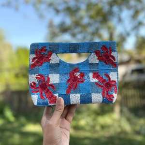 Blue Embroidered Canvas Handbag With <b>Red</b> Lobster Pattern Casual <b>Purse</b> For Beach Travel Summer Use - Product Image 2