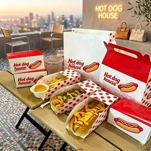 Premium Hot <b>Dog</b> Corndog Hotdog Tray House Packaging Custom Red White Gable Boxes Polka Dot Sleeves and Branded Carrier Bags - Product Image 1