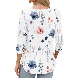 เสื้อเชิ้ตชีฟองผู้หญิงลายใบไม้สีน้ำเงินขาวทันสมัย แขน 3/4 คอวี เหมาะสำหรับใส่ทำงานประจำวัน - Product Image 2