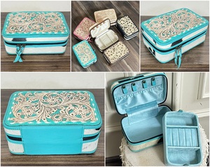 2026 Premium Turquoise Floral Design <b>Tooled</b> Leather Women Jewelry <b>Cases</b> Real Cowhide Fur Leather Gifts & Jewelry Organizer Box - Product Image 3