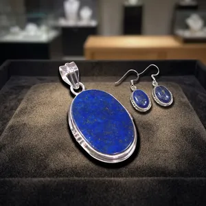 925 Sterling Silver Lapis Lazuli Jewelry Set Large Oval Pendant Earrings Blue Gemstone Bezel Setting Women's Jewelry Sets - Product Image 4