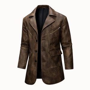 Abrigos de Cuero Genuino Formales de Invierno Vintage Unisex, Gabardina de Moda con Capucha Desmontable, Blazer Largo de Cuero Casual de Negocios - Product Image 1