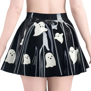 Women High Waist <b>PU</b> A-Line Mini <b>Skirt</b> With Ghost Print Shiny Pleated Style All Seasons Wear - Product Image 2