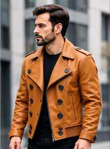 Men's mustard <b>colour</b> Leather Jacket turn down Collar button Closure Sleeve Autumn - Product Image 6