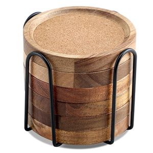 Handmade Acacia Wood <b>Drink</b> <b>Coaster</b> Set with Metal Holder Round Wooden <b>Coasters</b> with Cork Top Rustic Beverage <b>Coasters</b> for Coffee - Product Image 1