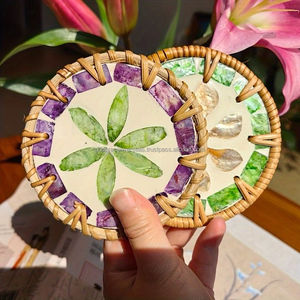 Handmade Mother of Pearl Coaster Rattan Rim <b>Round</b> Cup Coasters Southeast Asia <b>Round</b> Colorful Coasters From India - Product Image 3