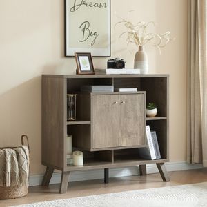 Mobiletto Libreria Compatto a Due Ante con Quattro Ripiani Aperti, Credenza Espositiva con Gambe Svasate in Legno e Pomelli in Metallo per Soggiorno - Product Image 1