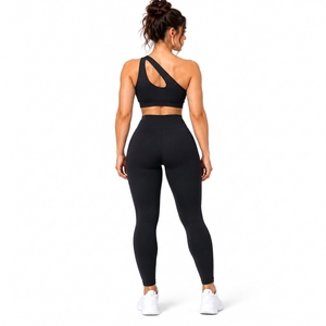 One Shoulder Yoga Bra Set High Waist Full Length Leggings Plus Size 2-Piece Customized Color Logo Activewear Solid <b>Black</b> Sportwe - Product Image 2