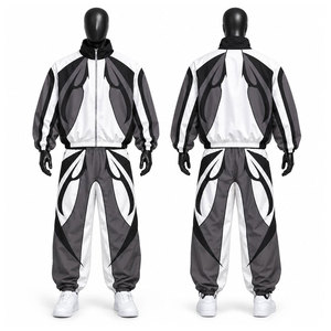 Unisex Geometric Print Tracksuit Full Length <b>Zipper</b> <b>Jacket</b> and Pants Set Streetwear Style White Black Gray Windbreaker Tracksuit - Product Image 1