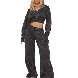 Conjunto de Sudadera Corta y Pantalones de Chándal de Algodón Personalizados, Estilo Vintage Lavado Ácido, Pantalones Anchos de Pierna Ancha, Estilo Urbano, Chándal Corto - Product Image 1