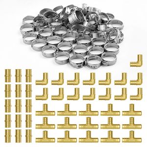 Raccordi in ottone per tubi PL 3/4 pollici, Confezione da 45 pezzi: Connettori a innesto rapido 15x Dritti, 15x Gomiti, 15x Raccordi a T, Morsetti per tubi - Product Image 1