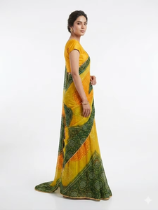 Yellow Green Digital Printed Georgette <b>Saree</b> <b>Women</b> Traditional Wedding Wear Floor Length Wrinkle Free Regular Fit Ready-Made - Product Image 3