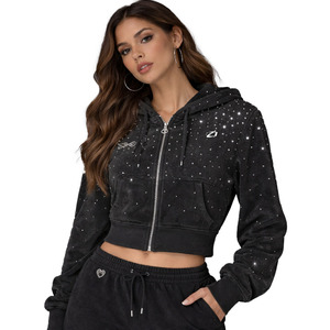 เสื้อฮู้ดครอปซิปสำหรับผู้หญิง ผ้าฝ้ายฟลีซ ลายเพชรเต็มตัว สไตล์สตรีทแวร์ มีเชือกผูก ฮู้ดแบบครอปท็อป เสื้อผ้ากีฬา - Product Image 5