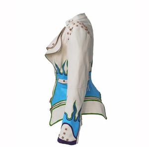 Blouson Moto Coupe-Vent en Cuir PU Blanc avec Broderie Flamme Bleue, Détails Rivets, Fermeture Éclair, Coupe Slim, Style Motard Unisexe Hiver - Product Image 2