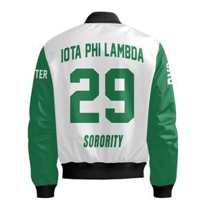 Chaqueta Universitaria Personalizada para Mujer Iota Phi Lambda, Blanca con Verde Esmeralda, Escudo con Letras Griegas en la Espalda, Cierre de Cremallera, Estilo Bomber - Product Image 6