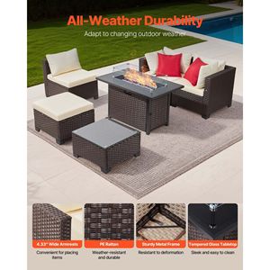 6-Piece Outdoor Patio Furniture Set Wicker Rattan Sectional 50000BTU Propane <b>Fire</b> <b>Pit</b> <b>Table</b> Customizable Outdoor Conversation - Product Image 4