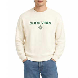 Sudadera Personalizada OEM Color Marfil con Serigrafía Verde Oscuro y Eslogan 'Good Vibes' Cuello Redondo Casual - Product Image 1