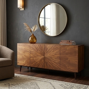Buffet moderne en bois de noyer et teck avec motif incrusté soleil, armoire à 4 portes, console TV, meuble de rangement pour salon - Product Image 2