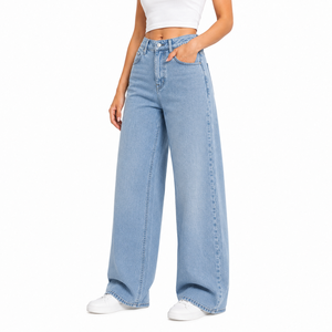 Jeans de Mezclilla de Pierna Ancha para Mujer, Corte Holgado, Casual, con Logotipo Personalizado, Color Sólido, Cintura Alta, Rectos, Lavado Claro, 100% Algodón - Product Image 2