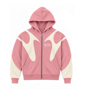 Blush Pink Contrast Panel Zip Up Hoodie Men Streetwear Full Zipper Long Sleeve Casual <b>Fleece</b> <b>Hooded</b> <b>Jacket</b> With Side Pockets - Product Image 1