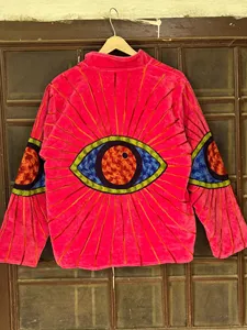 <b>Women</b> Boho Pink <b>Velvet</b> Embroidered Eye Pattern Suzani <b>Jacket</b> Full Sleeve Stand Collar <b>Women's</b> Autumn Outerwear - Product Image 2