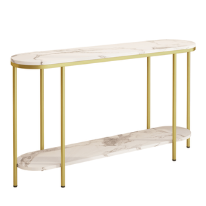 Consolle Moderna a 2 Livelli Ovale con Piano in Finto Marmo Bianco e Struttura in Metallo Dorato 107 cm x 29 cm, Tavolo da Ingresso con Ripiano Aperto - Product Image 4