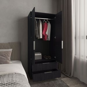 Armadio Interno Nero Wenden con Doppie Ante, Due Cassetti, Asta Appendiabiti e Ripiani Interni - Product Image 2