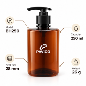 250ml Amber PET Oval Cosmetic <b>Pump</b> <b>Bottle</b> 28mm <b>Shampoo</b> Lotion Body Wash Personal Care Packaging OEM ODM Manufacturer Vietnam - Product Image 2