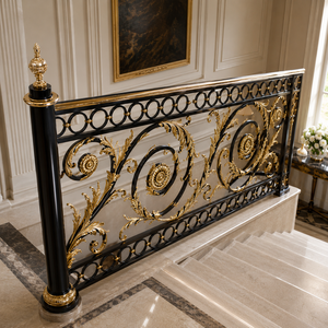 Luxury Black Gold Wrought Iron Stair <b>Railing</b> Ornate Scroll Balustrade Villa Palace Hotel Marble Stair Handrail Supplier - Product Image 2