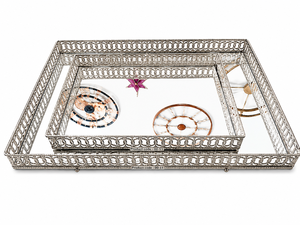 Metal Decorative Tray Set <b>Rectangle</b> Abstract Pattern Traditional Design 2Pcs <b>Mirror</b> Surface Standing Organizer Ramadan Diwali - Product Image 4