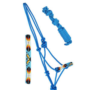 Blue Nylon Rope Horse <b>Halter</b> with Beaded Pattern and Adjustable Knots - Product Image 2