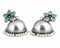 Boucles d'oreilles Jhumka indiennes vintage en laiton argenté oxydé et jade, avec perles d'imitation, bijoux ethniques bohèmes tendance pour femme