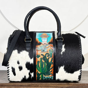 Hot Selling Factory Price Tooled Cowhide Leather Large Travel Speedy Bag High Quality Cactus Design Overnight Unisex Duffel bag - Product Image 4