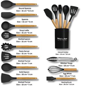 Ustensiles en silicone pour la cuisine et la pâtisserie - Ensemble de 12 pièces antiadhésives avec manche en bois, résistantes à la chaleur, outils de cuisine (noir) - Product Image 4