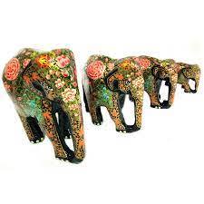 Wooden Elephant <b>Statue</b> With <b>Gold</b> Inlay Decor Indian Traditional Style Brown Color Decorative Figurine - Product Image 2