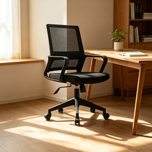 Chaise de bureau ergonomique moderne en maille noire, réglable en hauteur, avec accoudoirs, base pivotante, dossier solide, réglage manuel, pour usage domestique ou professionnel - Product Image 1