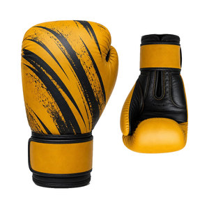 Guantes de boxeo profesionales de cuero con diseño de rayas amarillas y negras, cierre de cordones en la muñeca, para adultos, equipo de entrenamiento de boxeo - Product Image 6