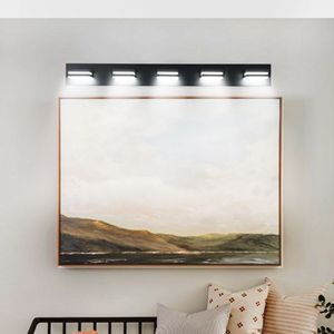 Applique murale de salle de bain moderne, élégante et minimaliste à 5 lumières LED, noire, avec miroir, installation facile et économe en énergie - Product Image 1