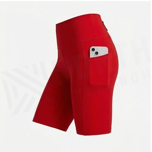 Shorts de yoga rouges taille haute avec poches, extensibles dans quatre directions, sans coutures, pour femmes - Product Image 4